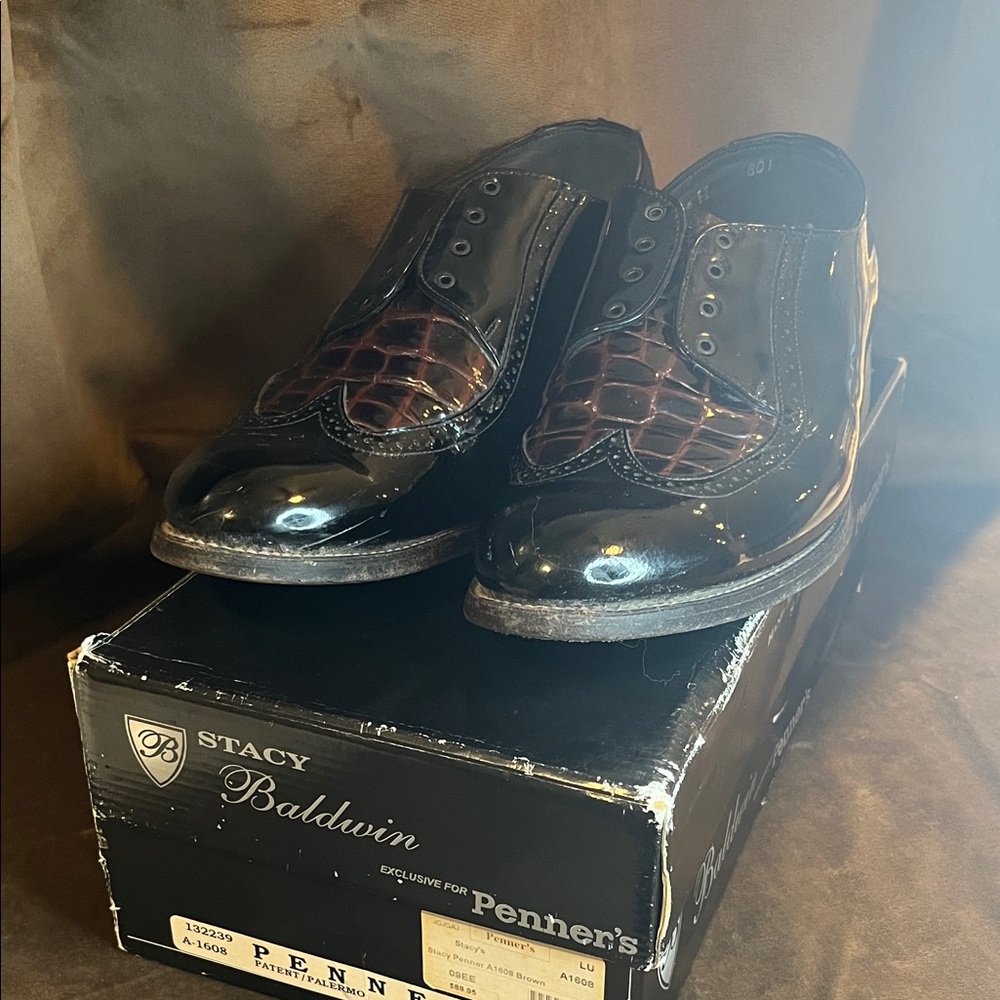 baldwin Black Patent Oxfords with Brown Croc Accent
